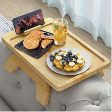 Bamboo Sofa Arm Tray Table with Rotating Mobile Holder, Foldable Clip On Design for Sofas Folding Armrest Tray for Eating and Drinking