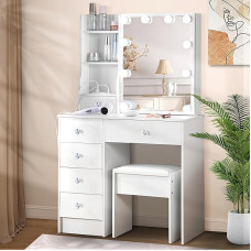 Saimeihome Dressing Table with LED Lighting, Mirror & Stool, 3 Dimmable Light Colours, Cosmetic Table with 6 Drawers + 6 Compartments, 80 x 36 x 130 cm, White Dressing Table for Bedroom, Teenage Room