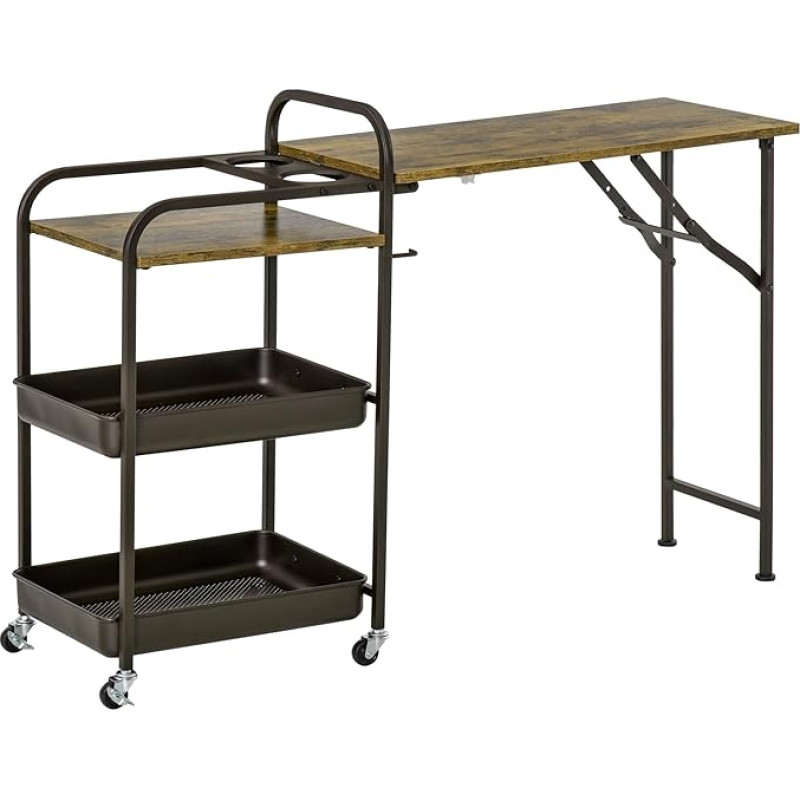 HOMCOM Kitchen Trolley Serving Trolley with 1 Folding Table Top 2 Trays and 1 Open Shelf Wheels Adjustable Foot Pads E1 Chipboard Metal Rustic Brown 118 x 36.5 x 82 cm