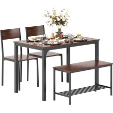 sogesfurniture Dining Set 4-Piece with Dining Table 110 x 70 x 76 cm, 2 Chairs, One Bench in Metal Frame, Rectangular Kitchen Table Set with Storage Surface for Living Room, Dining Room, Walnut &
