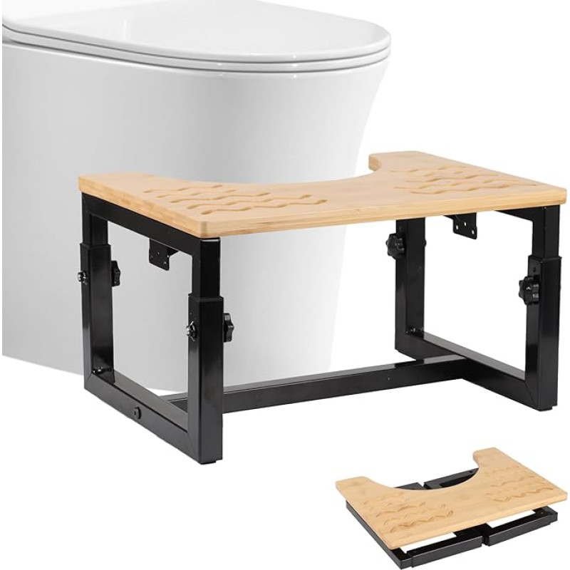Bathroom Stool, Metal with Wooden Toilet Stool, Height-Adjustable Toilet Stool, Foldable Non-Slip Toilet Stool, Bathroom Step Stool for Adults Children, Provides Relief from Congestion