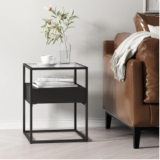 [en.casa] Vissenbjerg Side Table with 1 Drawer Living Room Table 51 x 40 x 40 cm Sofa Table Tempered Glass Table Top Square Metal Frame Black Matt