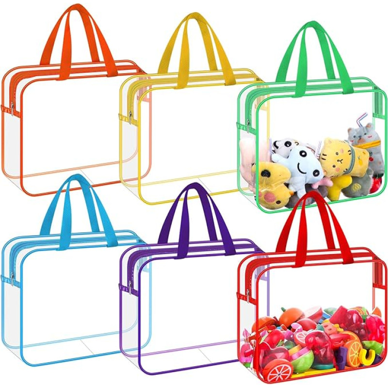 6 Pieces Zipper Toy Storage Bags with Handles, 30 x 21 x 9 cm, Transparent Storage Bags, PVC Waterproof Toiletry Bag, Toy Organization Bags for Building Blocks,