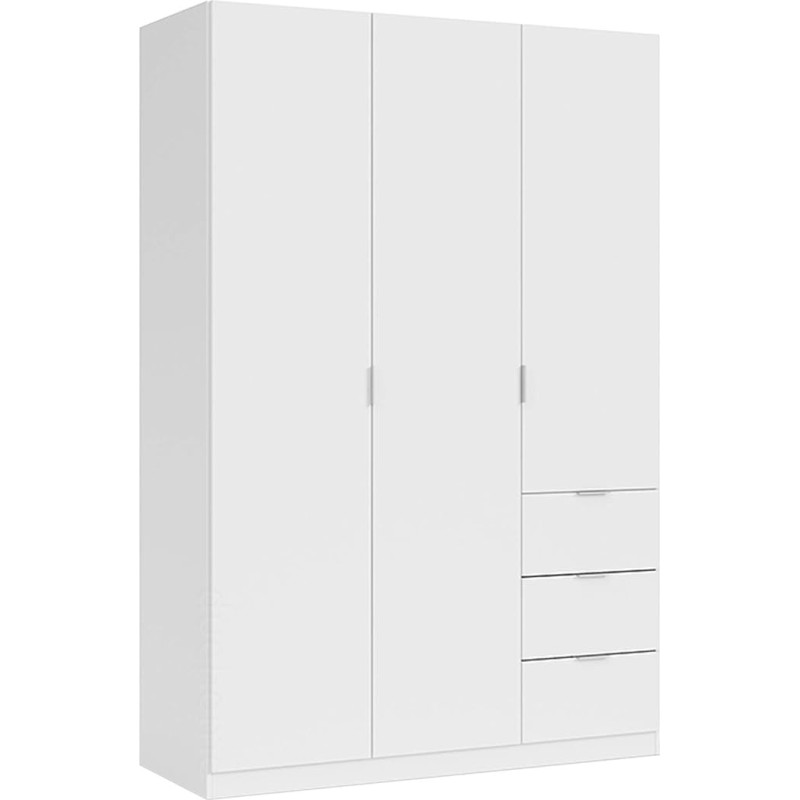 Habitdesign, White 3 Door 3 Drawer Bedroom Tall Wardrobe 200cm H x 135cm W x 52cm D