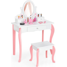 GOPLUS Children's Dressing Table with Mirror, Princess Dressing Table with 3 Drawers and 2 Shelves, Wooden Cosmetic Table with Stool, Make-Up Table Girls (White)