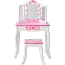 Teamson Kids - Pretend Play Children's Dressing Table, Table and Chair Makeup Set with LED Mirror, Dressing Table with Drawer, Sweethearts Print Gisele Play Vanity Set, White/Pink, Gift for Children