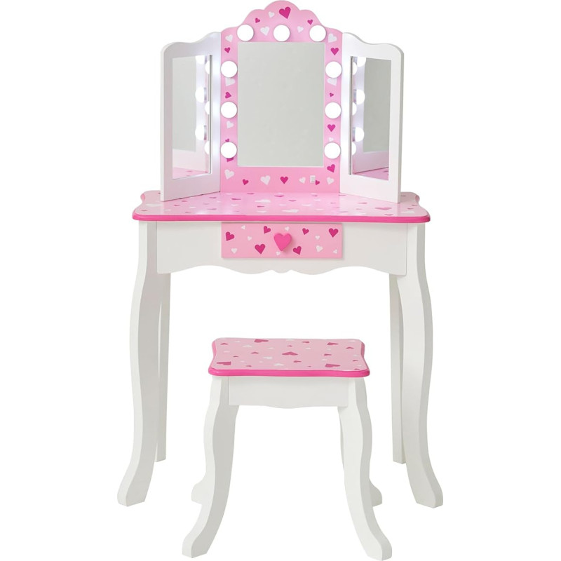 Teamson Kids - Pretend Play Children's Dressing Table, Table and Chair Makeup Set with LED Mirror, Dressing Table with Drawer, Sweethearts Print Gisele Play Vanity Set, White/Pink, Gift for Children