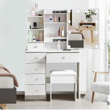 Saimeihome Dressing Table with LED Lighting Mirror & Stool, 3 Dimmable Light Colours, Cosmetic Table with 6 Drawers, 6 Compartments, 80 x 36 x 130 cm, White Dressing Table for Bedroom