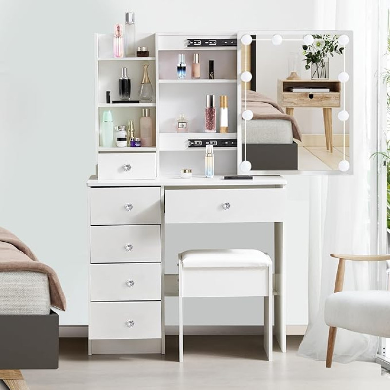 Saimeihome Dressing Table with LED Lighting Mirror & Stool, 3 Dimmable Light Colours, Cosmetic Table with 6 Drawers, 6 Compartments, 80 x 36 x 130 cm, White Dressing Table for Bedroom