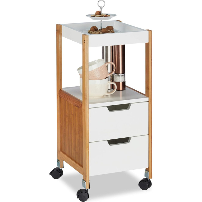 Relaxdays Trolley with Drawers, Tea Trolley, Tray Table, Rollable, Kitchen Trolley Made of MDF, Bamboo, H x W x D: 69 x 30 x 30 cm, White