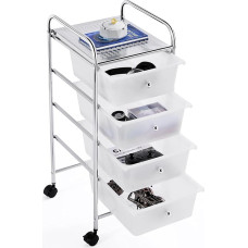 Yaheetech Kitchen Trolley with 4 Drawers Utility Trolley Kitchen Organiser Serving Trolley for Kitchen Bathroom Office Bedroom with Wheels and Handles White