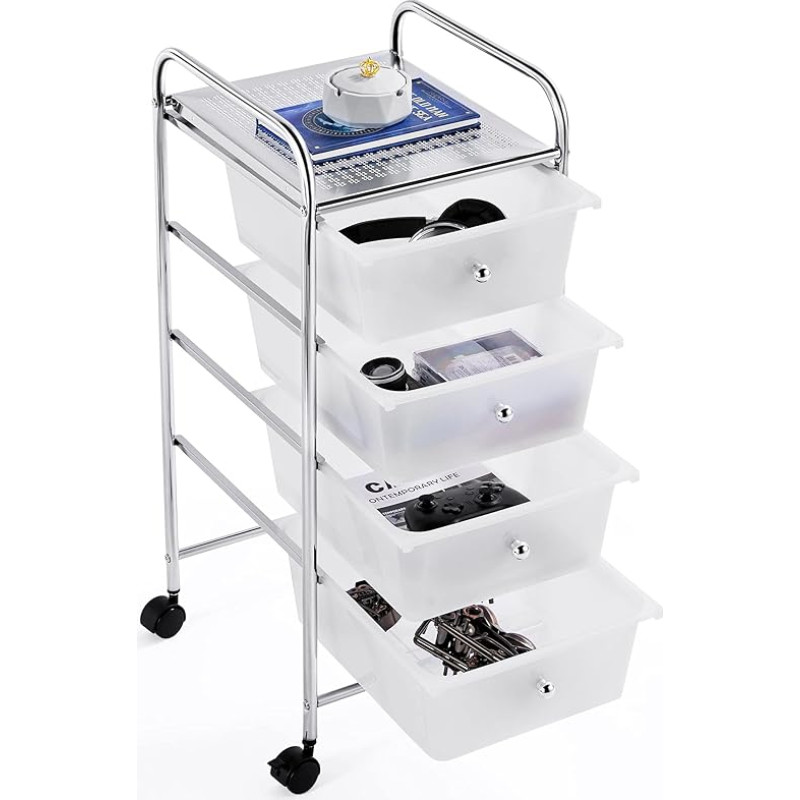 Yaheetech Kitchen Trolley with 4 Drawers Utility Trolley Kitchen Organiser Serving Trolley for Kitchen Bathroom Office Bedroom with Wheels and Handles White