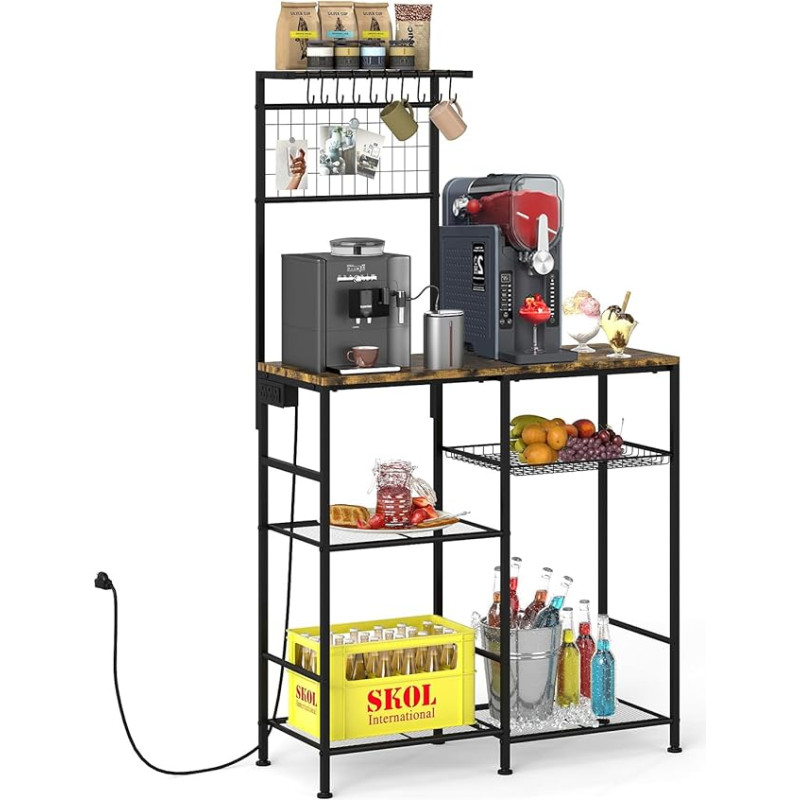 JIRTEMOT Küchen-Bäckerregal mit Steckdose, 6-stöckige Kaffeebar-Station, Mikrowellenständer mit 10 S-Haken & abnehmbarem Drahtkorb, Gewürz-Organizer, Schwarz