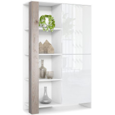 Vladon Canto Highboard, Made in Germany, High Cabinet with 2 Doors and 8 Compartments, Matte White Body, High-Gloss White Fronts, Decorative Panels Nordic Oak (95 x 151.5 x 36 cm)