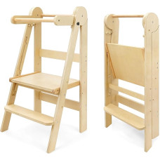 509 Lofty Foldable Learning Tower, Children's Kitchen Helper, Montessori, Step Stool, Foldable Convenient for Storage, 3 Height Standing Board Adjustment (Natural)