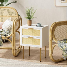 HEYZOEY Rattan Bedside Table, 2 Drawer Chest of Drawers for Bedroom, Small Side Table with 2 Drawers, Bedside Tables with Gold Frame for Bedroom, Living Room, White