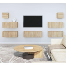 Homgoday TV-Möbel-Set, 7-teilig, Sonoma-Eiche aus mehrschichtigem Holz, TV-Schrank, niedriger TV-Schrank für Couchtisch, industrieller Couchtisch, TV-Ständer, Wohnzimmer, Sonoma-Eiche