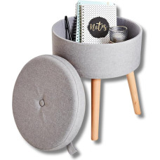 3 Pagen Multifunctional Stool with Storage Space, Round Stool up to 120 kg, Removable Lid, Padded Stool, Reversible Lid with Wooden Top, Diameter 36 cm, Grey