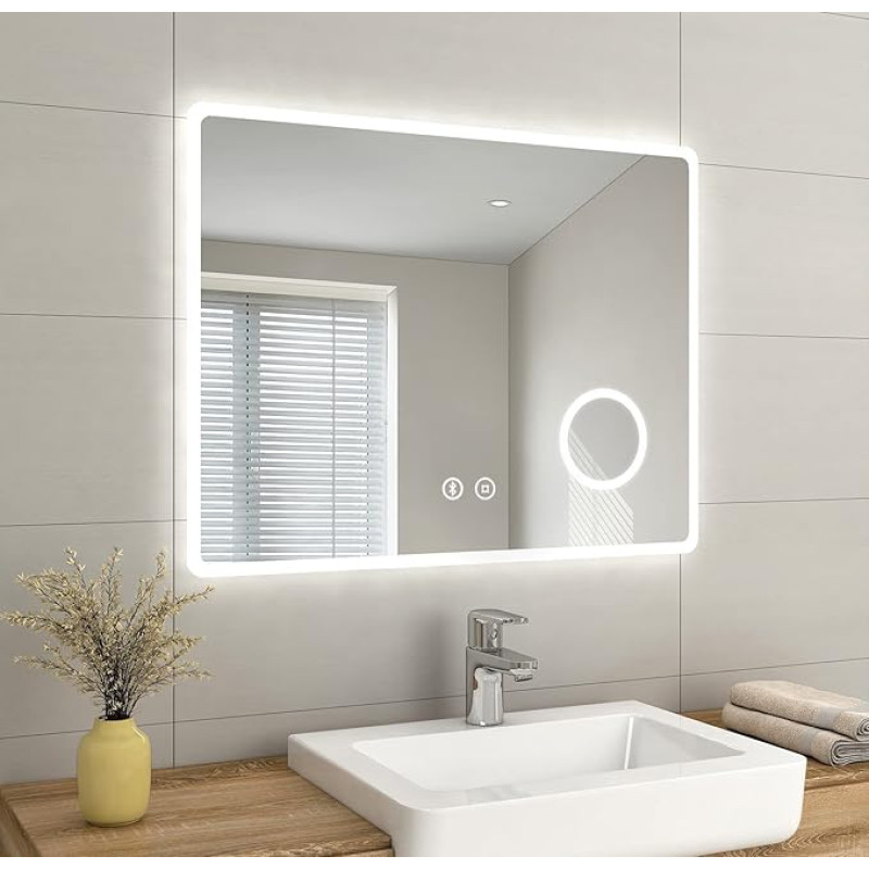 EMKE LED Bathroom Vanity Mirror, Slim Bathroom Mirror with Shaver Socket, Bluetooth Speaker, LED Lights, 3X Magnification, Touch Switch, Demister Pad, 900 x 700 x 35mm