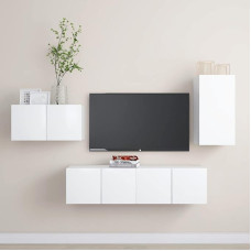 Homgoday TV-Möbel-Set, 4 Stück, weiß, aus Spanplatte, TV-Schrank, niedriger TV-Schrank, Couchtisch, TV-Ständer für Wohnzimmer