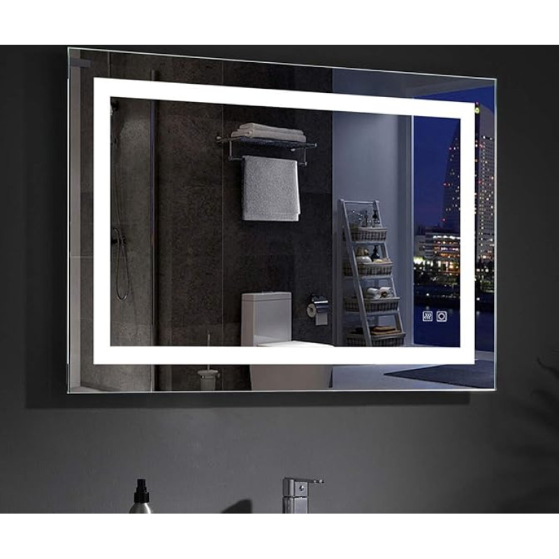MIQU Bathroom Mirror 90 x 60 cm LED Bathroom Mirror with Lighting Cold White Light Mirror Wall Mirror with Touch Switch Anti-Fog IP44 with Socket MID