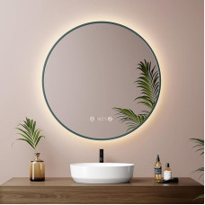 EMKE Round Bathroom Mirror with Lighting F60 cm, Dark Green, Dimmable, Anti-Fog, Clock, Temperature Display, LED Bathroom Mirror with Neutral Light, Bathroom Mirror with Lighting