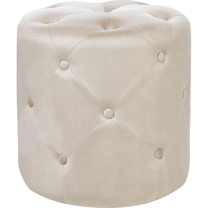 Pouf Velvet Beige Round 40 cm Quilted with Button Stitching Chesterfield Style Corolla