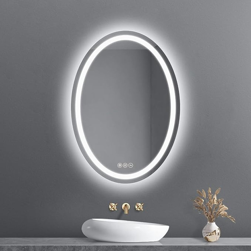 AI-LIGHTING Oval Bathroom Mirror with Lighting 50 x 70 cm Bathroom Mirror with Touch Switch Dimmable 3 Light Colours Anti-Fog Bathroom Mirror with Light Wall Mirror for Bathroom 3000K-6400K
