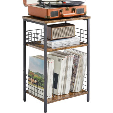 YMYNY Side Table, 3 Tier Standing Shelf, Plate Stand with Classified Storage, Protective Iron Net, for Turntable, CDs, Magazine, Living Room, Bedroom, Studio, Rustic Brown HST009H