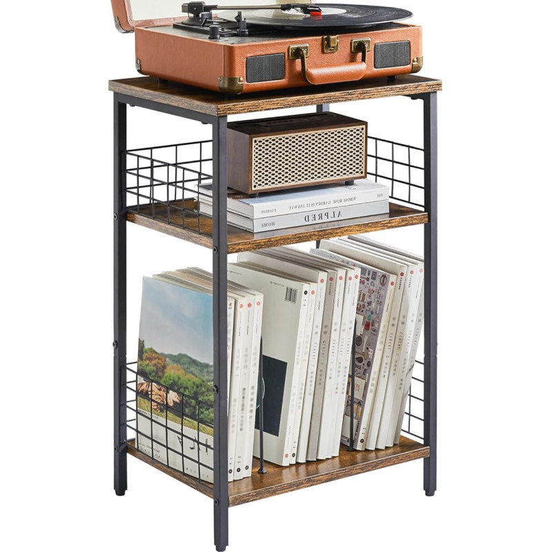 YMYNY Side Table, 3 Tier Standing Shelf, Plate Stand with Classified Storage, Protective Iron Net, for Turntable, CDs, Magazine, Living Room, Bedroom, Studio, Rustic Brown HST009H