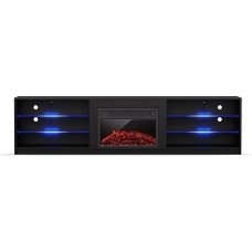 blumfeldt TV Board, Living Room Furniture for TV, 160 cm TV Cabinet with Electric Fireplace, Large TV Lowboard, Low TV Cabinets with Coloured LEDs, Cabinet for TV, TV Cabinet Modern, Black