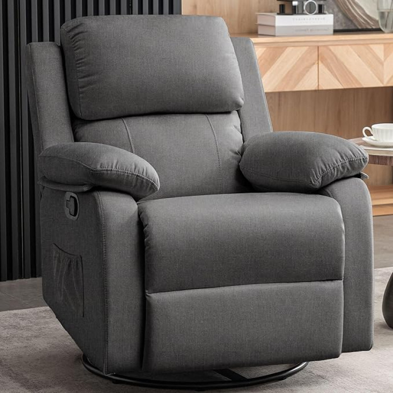 Korser Recliner Chair, 360 Swivel Rocker Chair for Adults, Small Rocking Recliner for Small Spaces, Padded Fabric Glider Recliner Nursery Chair with Side Pockets for Living Room, Nursery