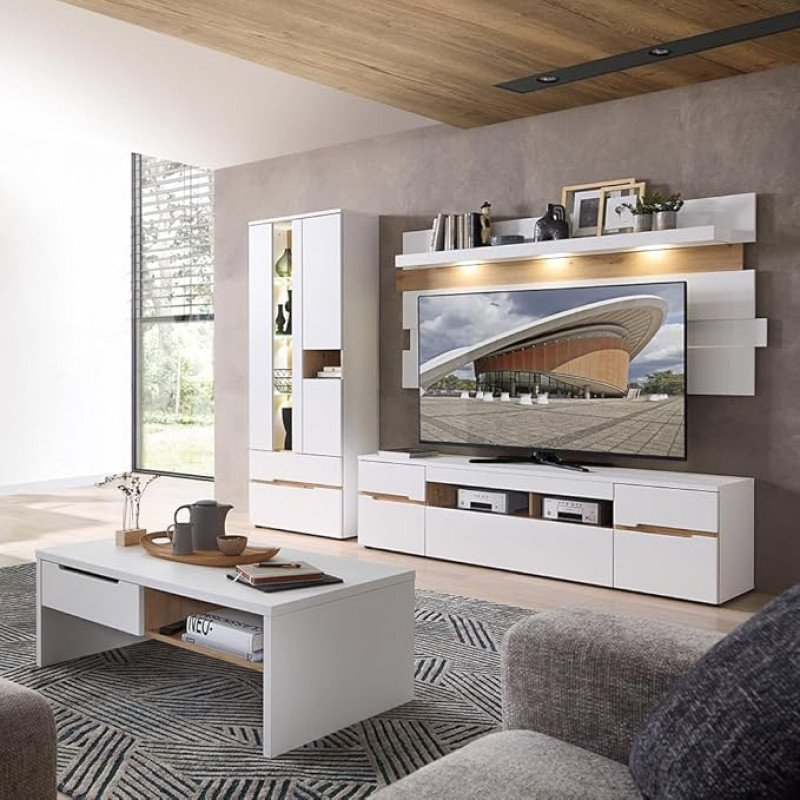 Living Room Set of 4 White Super Matt with Oak with Display Cabinet, Wall Panel, Lowboard, Coffee Table and LED Lighting
