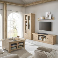 Living Room Set Wall Unit in Oak with Black 4 Pieces, Country House Style, 1 Coffee Table, 1 Lowboard, 1 Wall Shelf and 1 Display Cabinet with LED Lighting