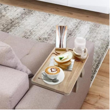 Acacia Wood Coffee Arm Table Sofa Arm Tray Clip on Couch Arm with 360° Rotating Phone Stand Cup Holder on Armrest