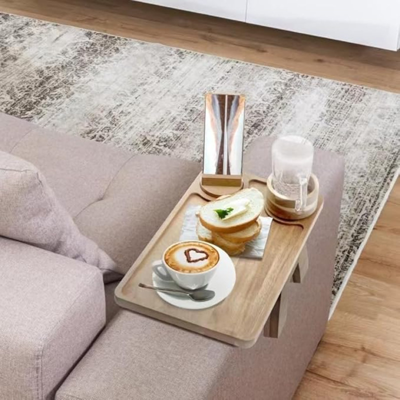 Acacia Wood Coffee Arm Table Sofa Arm Tray Clip on Couch Arm with 360° Rotating Phone Stand Cup Holder on Armrest
