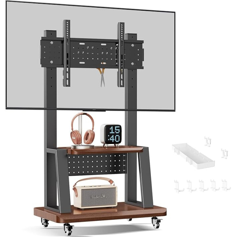 Mobiler TV-Wagen, rollbarer TV-Ständer mit Stecktafel-Aufbewahrung für 81,3 - 199,5 cm (32 - 75 Zoll) Bildschirme bis zu 81,6 kg, höhenverstellbar, robust, tragbar, Boden-TV-Ständer auf feststellbaren