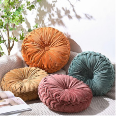 Kathfly Round Cushion 4 Pack Velvet Pleated 3D Pumpkin Round Cushion Boho Floor Cushion Couch for Bed Chair Home Car Sofa Decorations 4 Colors 36x36cm Ches