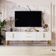 BTM High Gloss White TV Unit with Light 2 Drawers and 4 Compartments High Gloss Door for Living Room 170 x 40 x 53 cm