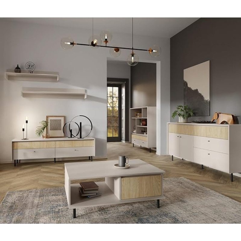 Lomadox Living Room Set Beige Oak Metal Feet Modern Coffee Table Lowboard Sideboard Set of 6