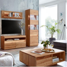 Living Room Furniture Set Solid Beech Heartwood Oiled with Wall Shelf, Lowboard, Display Cabinet, Coffee Table and LED Lighting, 5-Piece - Real Wood/Solid Wood, Soft Close, Handle-Free