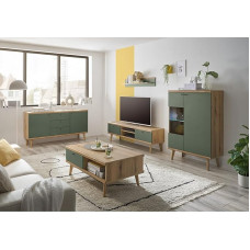 Lomadox Living Room Complete Set in Oak with Green Modern 5-Piece Sideboard, Coffee Table, TV Lowboard, Wall Shelf, Display Cabinet