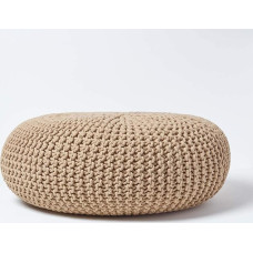 Homescapes Pouf Knitted Pouf Round Floor Cushion, Seat Pouf 70 x 23 cm, Padded Pouf, Pouf with Chunky Knitted Cover Made of 100% Cotton, Beige / Cream White