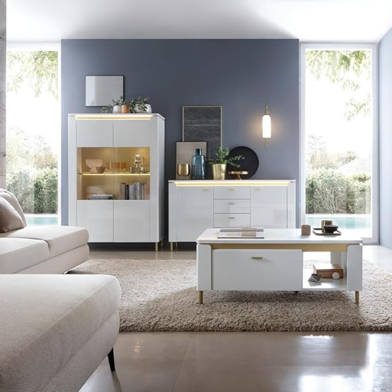 Lomadox Living Room Set 3 Pieces in White with Gold-Coloured Accents Including Lighting