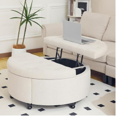 Redlife 89 cm Wide Round Ottoman with Storage, Ottoman Coffee Table Stool, Round, Coffee Table, Linen Fabric, Chest Bench with Storage Space