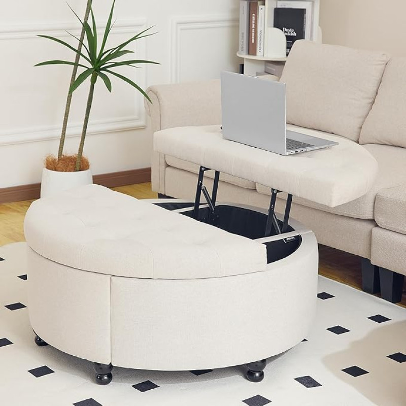 Redlife 89 cm Wide Round Ottoman with Storage, Ottoman Coffee Table Stool, Round, Coffee Table, Linen Fabric, Chest Bench with Storage Space