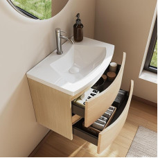 BRIDGE BENO Bathroom Cabinet 60 cm with Cast Mineral Basin, Modern Bathroom Furniture with Soft-Close Drawers, Waterproof & Space-Saving, Integrated Storage Space, 2 Drawers (Golden Sand)