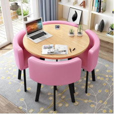 Modern Round Dining Table Set with 4 Chairs Small Office Conference Room Furniture Stylish PU Pink for Kitchen Lounge & Living Room (31.5 Inch Diameter)
