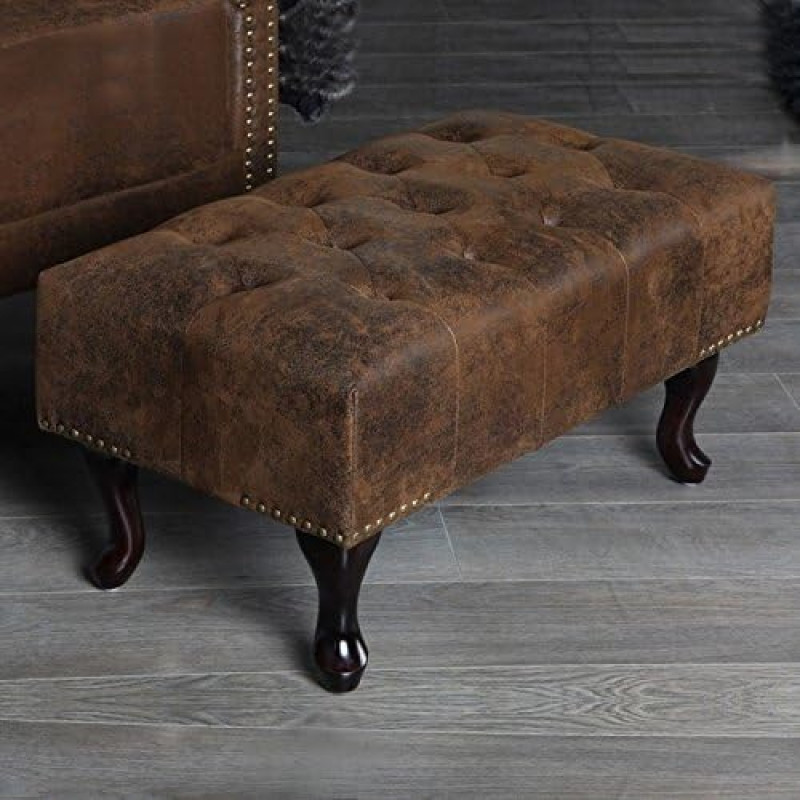 cagü Elegant Design Classic Winchester Footstool Brown Faux Leather in Classic English Chesterfield Style