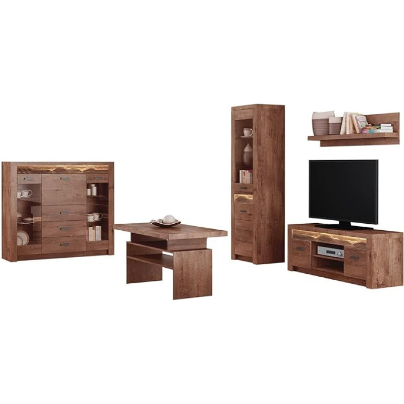 Mirjan24 Indiano I Living Room Set, Display Cabinet, Bar Cabinet, TV Lowboard, Wall Shelf, Coffee Table, Choice of Colours, Living Wall, Mounting Wall (Light Ash, without Light)